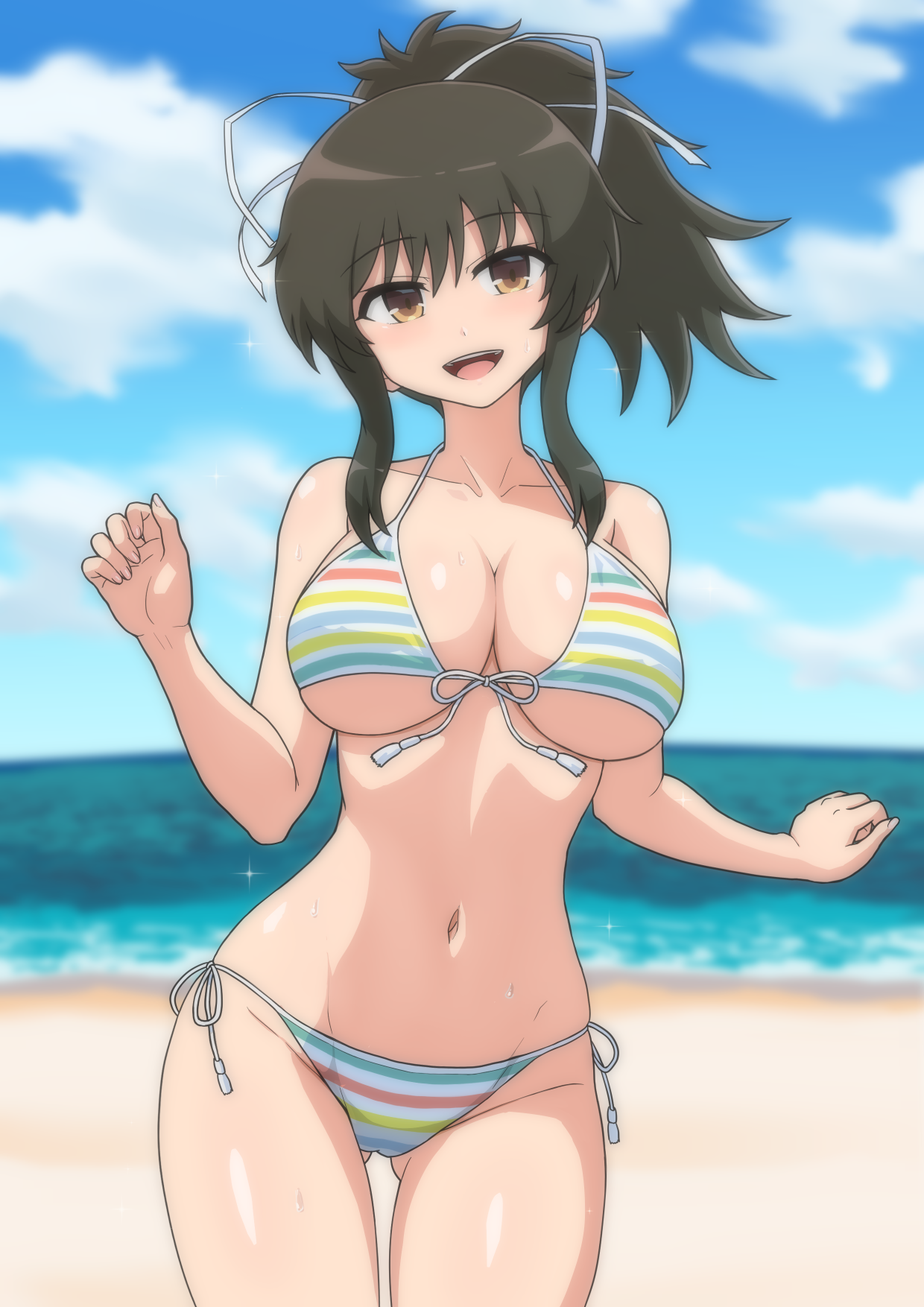 1girl asuka_(senran_kagura) beach bikini black_hair blue_sky blurry blurry_background breasts brown_eyes cameltoe cleavage cloud day front-tie_bikini_top front-tie_top gluteal_fold hair_ribbon halterneck highres kinnan large_breasts long_hair looking_at_viewer multicolored_bikini multicolored_stripes navel ocean open_mouth outdoors ponytail rainbow_bikini revision ribbon senran_kagura senran_kagura_shoujo-tachi_no_shin'ei short_ponytail side-tie_bikini_bottom sidelocks sky solo string_bikini striped_bikini striped_clothes swimsuit white_ribbon