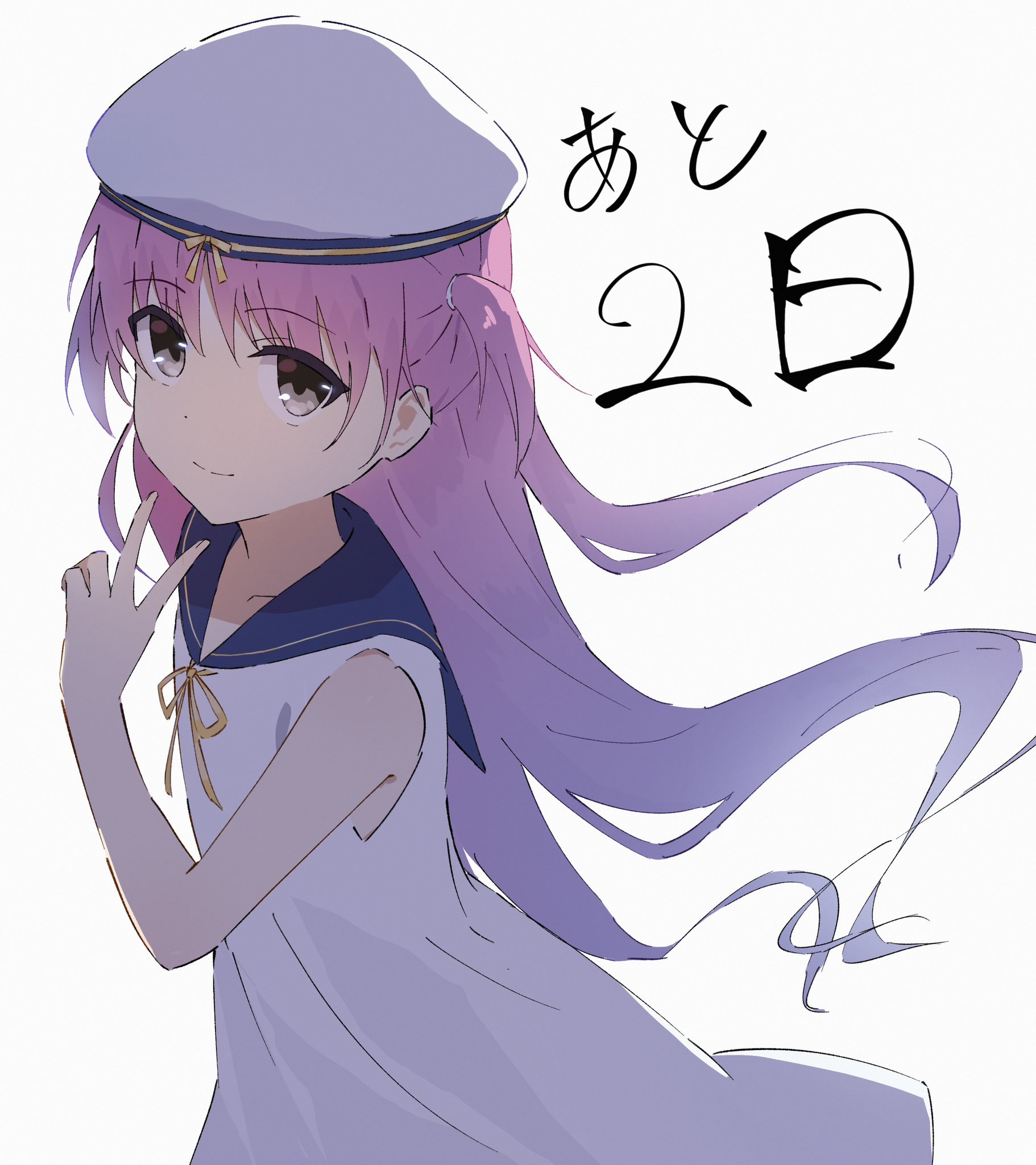 1girl backlighting blue_sailor_collar child closed_mouth commentary_request cowboy_shot dress emu_shido eyes_visible_through_hair floating_hair grey_eyes hair_between_eyes hand_up hat highres katou_umi long_hair looking_at_viewer pink_hair ribbon sailor_collar sailor_dress sailor_hat simple_background sleeveless sleeveless_dress smile solo split_mouth summer_pockets two_side_up v white_background white_dress white_hat yellow_ribbon