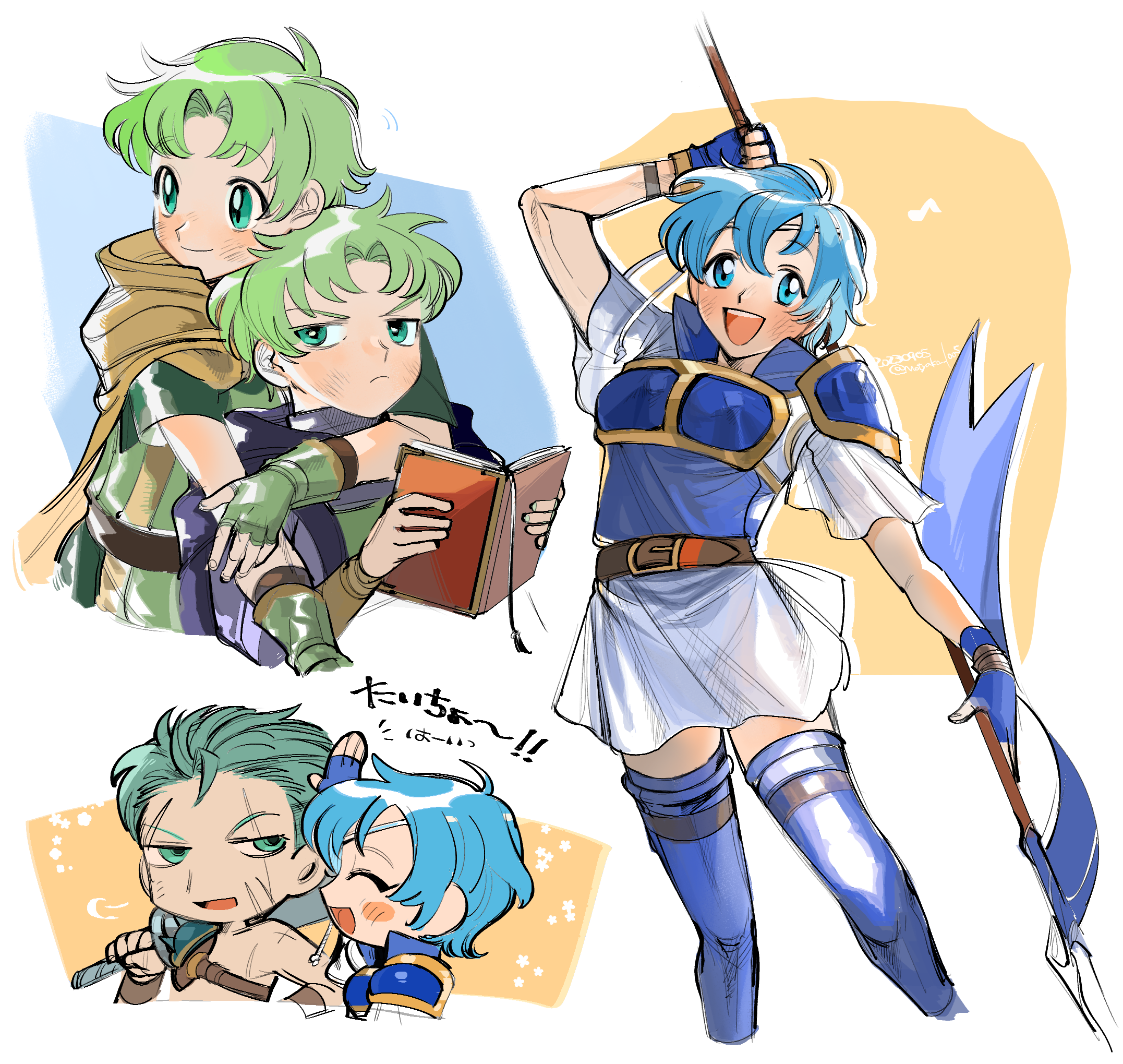 1girl 3boys armor blue_armor blue_eyes blue_hair blue_thighhighs breastplate brothers dieck_(fire_emblem) fire_emblem fire_emblem:_the_binding_blade green_eyes green_hair headband highres holding holding_polearm holding_weapon lugh_(fire_emblem) mochako_(motyako_1005) multiple_boys nintendo polearm raigh_(fire_emblem) shanna_(fire_emblem) shoulder_armor siblings thighhighs twins weapon