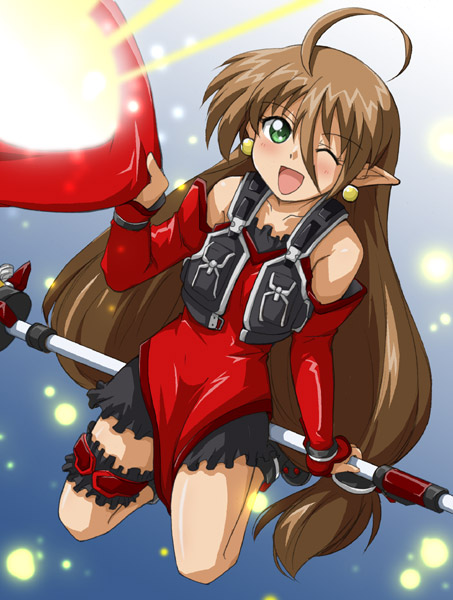 ahoge banpresto bioroid_hei earrings green_eyes hat jewelry kyon_feulion long_hair one_eye_closed open_mouth pointy_ears solo super_robot_wars super_robot_wars_og_saga_mugen_no_frontier wink