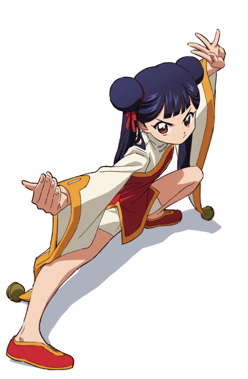1girl bad_id bad_twitter_id black_hair blunt_bangs cardcaptor_sakura chinese_clothes closed_mouth double_bun dress frown full_body hair_bun kung_fu li_meiling long_hair long_sleeves looking_at_viewer outstretched_arms red_eyes simple_background solo spread_arms twintails v-shaped_eyebrows white_background yoko.u