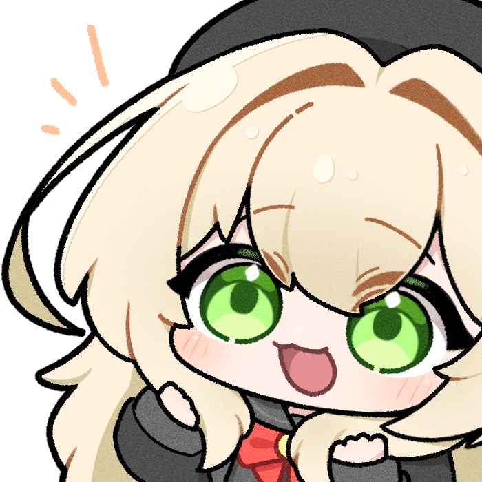 1girl beret black_hat black_shirt blonde_hair blue_archive bow bowtie chibi chibi_only commentary_request green_eyes hair_intakes hand_in_own_hair hat holding holding_own_hair korean_commentary long_hair long_sleeves open_mouth professor_niyaniya_(blue_archive) red_bow red_bowtie shirt side_ahoge simple_background solo tyjang white_background