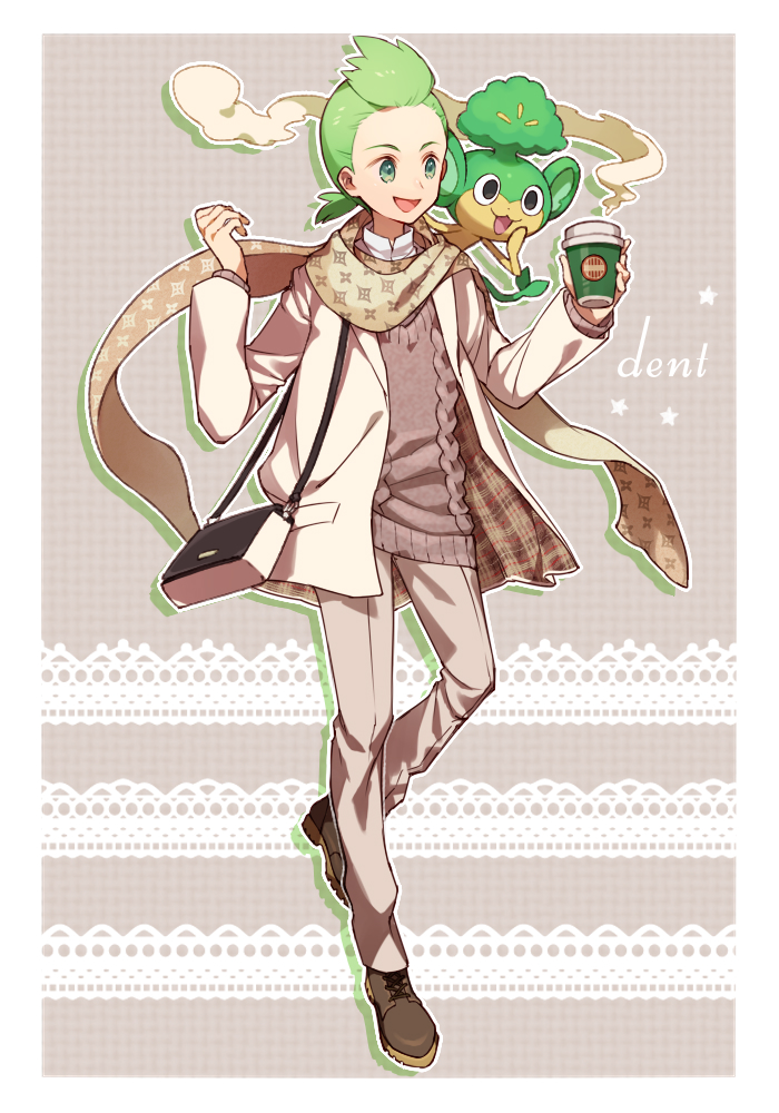 1boy :d aged_up bag border brown_footwear brown_sweater character_name cilan_(pokemon) commentary_request cup disposable_cup gen_5_pokemon green_eyes green_hair hands_up happy holding holding_cup jacket long_sleeves male_focus nintendo no_sclera open_clothes open_jacket open_mouth pansage pants pokemon pokemon_(anime) pokemon_(creature) pokemon_bw_(anime) sasairebun scarf shoes smile star_(symbol) sweater white_border