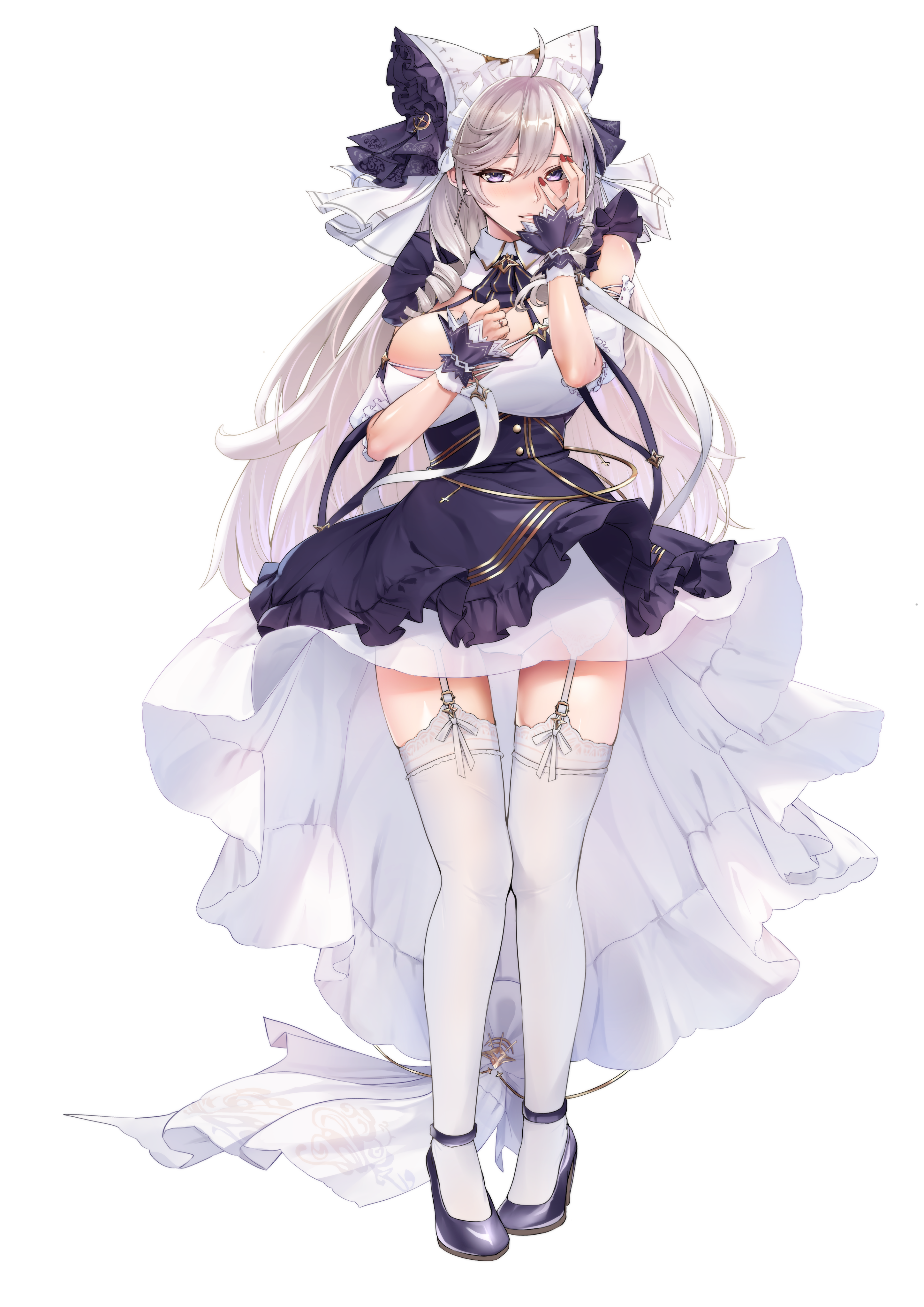 1girl absurdres ahoge algerie_(azur_lane) animal_ears apron azur_lane blush breasts cheshire_(azur_lane) cheshire_(azur_lane)_(cosplay) cleavage commission cosplay detached_sleeves dress drill_hair earrings fake_animal_ears frills full_body garter_straps grey_hair grin hair_between_eyes hand_on_own_chest hand_on_own_face hands_up high_heels highres jewelry large_breasts long_hair looking_at_viewer maid maid_headdress mole mole_under_eye noshiro_tomoya panties pixiv_commission puffy_detached_sleeves puffy_sleeves purple_apron purple_eyes purple_footwear ribbon see-through_clothes smile solo standing thighhighs twin_drills underwear white_dress white_garter_straps white_panties white_ribbon white_thighhighs wrist_cuffs