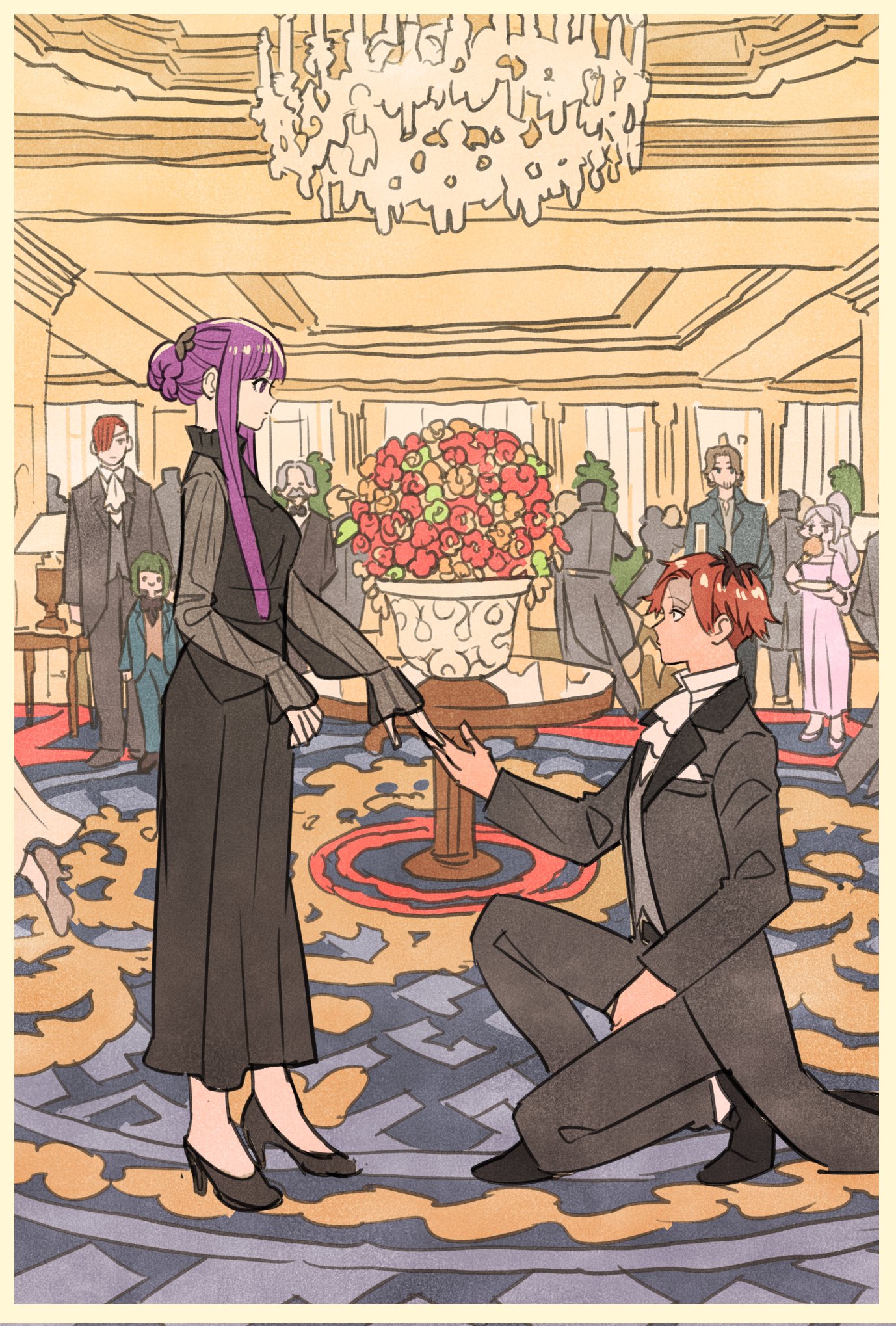 2girls 3boys black_bow black_bowtie black_dress black_footwear bob_cut bow bowtie brown_hair chandelier character_request dancing dress eating facial_hair fern_(sousou_no_frieren) flower food frieren gabel_(sousou_no_frieren) goatee_stubble green_hair hair_bun hair_over_one_eye high_heels highres holding holding_food holding_hands indoors kneeling multiple_boys multiple_girls mustache orden_(sousou_no_frieren) people pink_dress ponytail purple_eyes red_hair scar scar_on_face see-through_clothes see-through_sleeves sein_(sousou_no_frieren) sidelocks sousou_no_frieren stark_(sousou_no_frieren) stubble tailcoat takeuchi_ryousuke