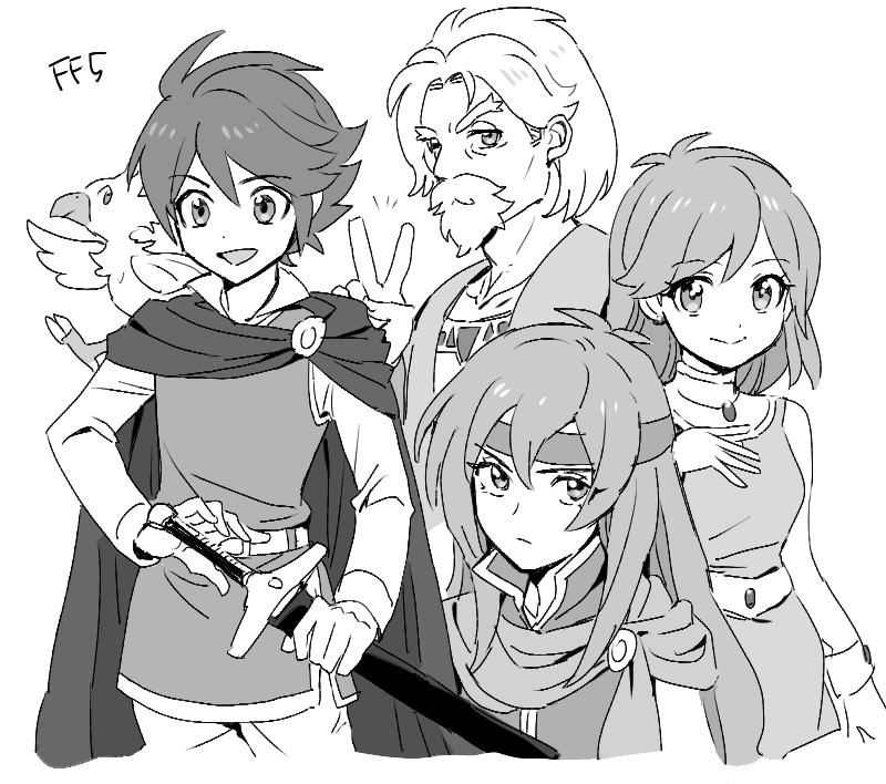 2boys 2girls animal animal_on_shoulder bartz_klauser beard bird bird_on_shoulder breasts brooch chocobo cloak closed_mouth collared_shirt dede_(qwea_00000) dress facial_hair faris_scherwiz final_fantasy final_fantasy_v galuf_halm_baldesion goatee greyscale hair_between_eyes hand_on_own_chest headband holding holding_sword holding_weapon jewelry lenna_charlotte_tycoon long_hair long_sleeves mature_male medium_breasts medium_hair monochrome multiple_boys multiple_girls mustache open_mouth pants parted_bangs shirt short_hair siblings sisters sketch sleeveless sleeveless_dress smile sword tunic upper_body weapon white_pants white_shirt