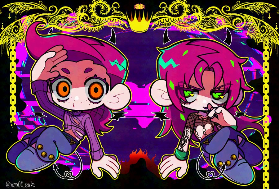 2boys chibi commentary_request crop_top crossed_legs demon_horns demon_tail diavolo fishnet_top fishnets freckles green_eyes horns jojo_no_kimyou_na_bouken long_hair looking_at_viewer male_focus midriff multiple_boys orange_eyes pants pink_hair purple_pants purple_sweater sitting sweater tail tattoo tongue tongue_out vento_aureo vinegar_doppio wings wristband yoyo00_suke