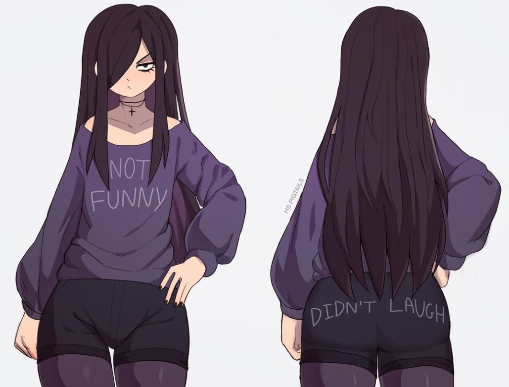 1boy arm_at_side artist_name ass bags_under_eyes bare_shoulders black_eyes black_shorts brown_hair closed_mouth clothes_writing colored_inner_hair cowboy_shot from_behind grey_background hair_over_one_eye hand_on_own_hip long_hair long_sleeves looking_at_viewer male_focus multicolored_hair off-shoulder_shirt off_shoulder original pantyhose puffy_long_sleeves puffy_sleeves purple_hair purple_pantyhose purple_shirt roland_(ms_pigtails) shirt short_shorts shorts sidelocks simple_background sky_guy_art trap two-tone_hair v-shaped_eyebrows