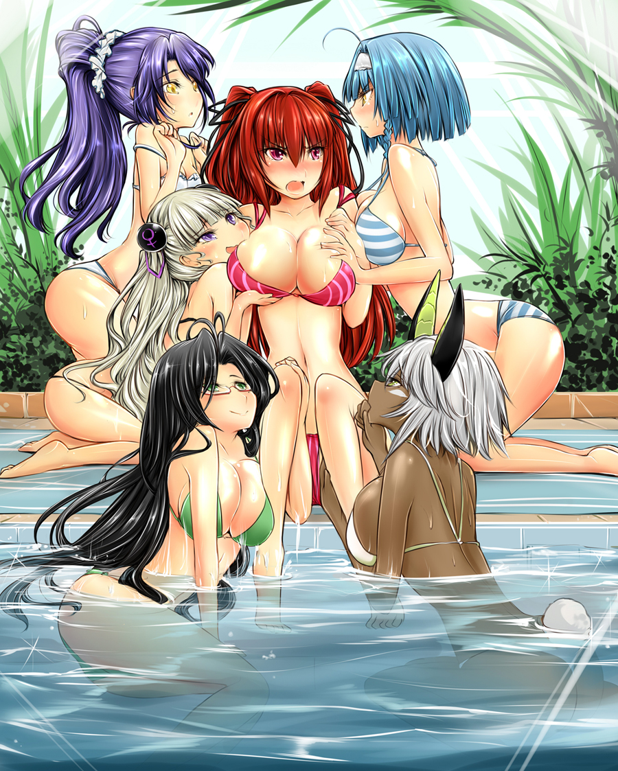 10s 6+girls angry black_hair blue_hair blush breasts cleavage dark-skinned_female dark_skin female_focus grabbing_another&#039;s_breast green_eyes groping hair_ribbon hairband harem horns kneeling large_breasts long_hair multiple_girls navel nonaka_yuki open_mouth pink_eyes ponytail purple_eyes purple_hair red_hair ribbon shinmai_maou_no_testament short_hair sitting sky smile white_hair yellow_eyes yuri yuriwhale zest
