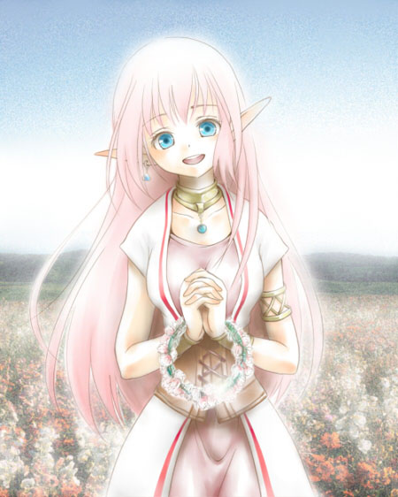 armlet blue_eyes bracelet choker chunsoft corset cynthia_(dq4) dragon_quest dragon_quest_iv dress earrings enix flower jewelry long_hair mariemon open_mouth pink_hair pointy_ears smile solo wreath