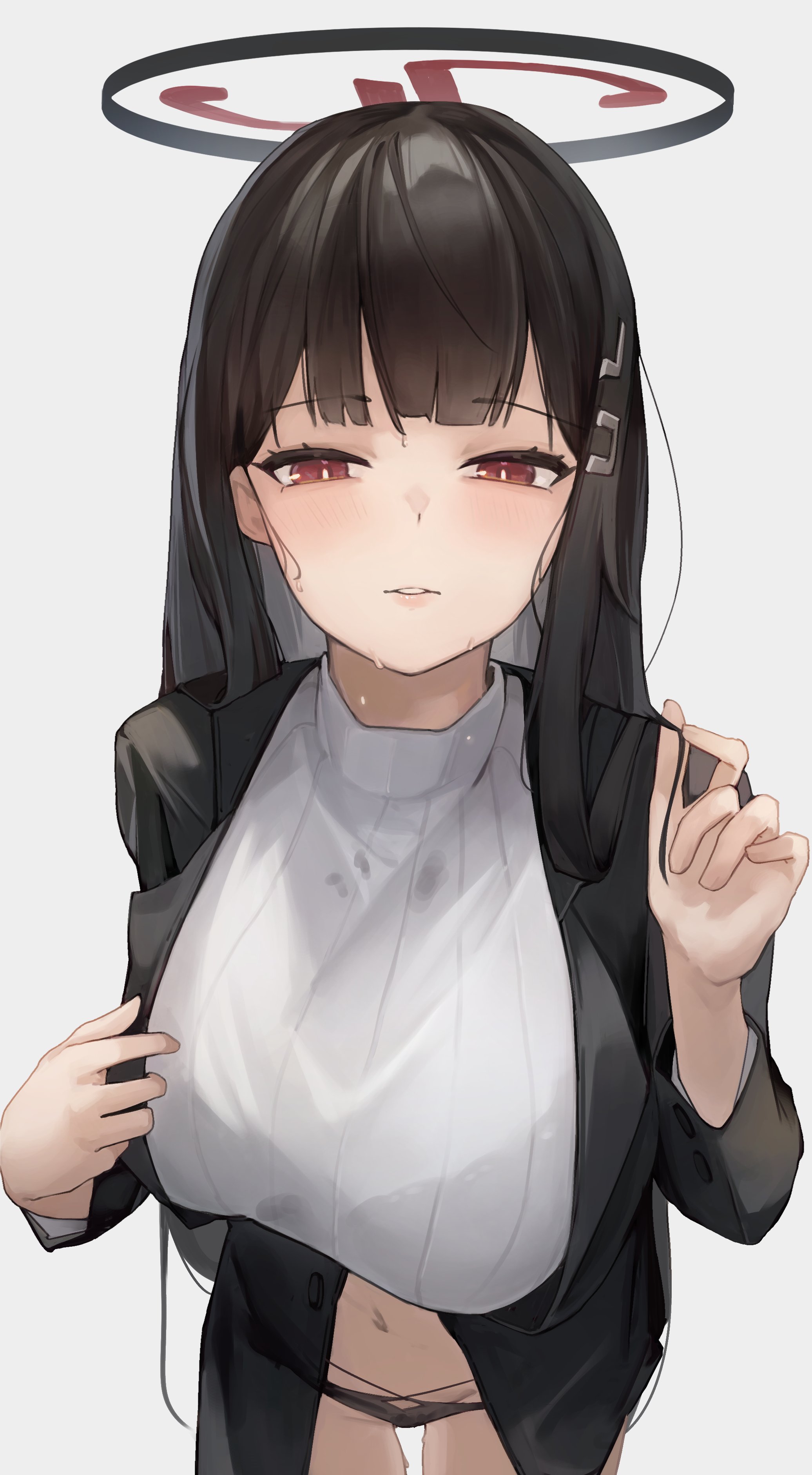 1girl absurdres black_hair black_halo black_jacket blue_archive blunt_bangs blush breasts bright_pupils closed_mouth grey_background hair_ornament hairclip hairpin halo highres jacket jun_daniell large_breasts long_hair long_sleeves looking_at_viewer multicolored_halo navel panties parted_lips red_eyes rio_(blue_archive) see-through_clothes shirt simple_background solo sweat sweatdrop sweater turtleneck turtleneck_sweater two-tone_halo underwear white_pupils white_sweater