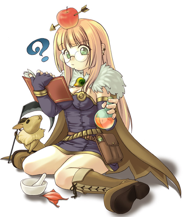 1girl ? alchemist alchemist_(ragnarok_online) boots brown_boots cape female_focus flask glasses ragnarok_online round-bottom_flask scythe solo
