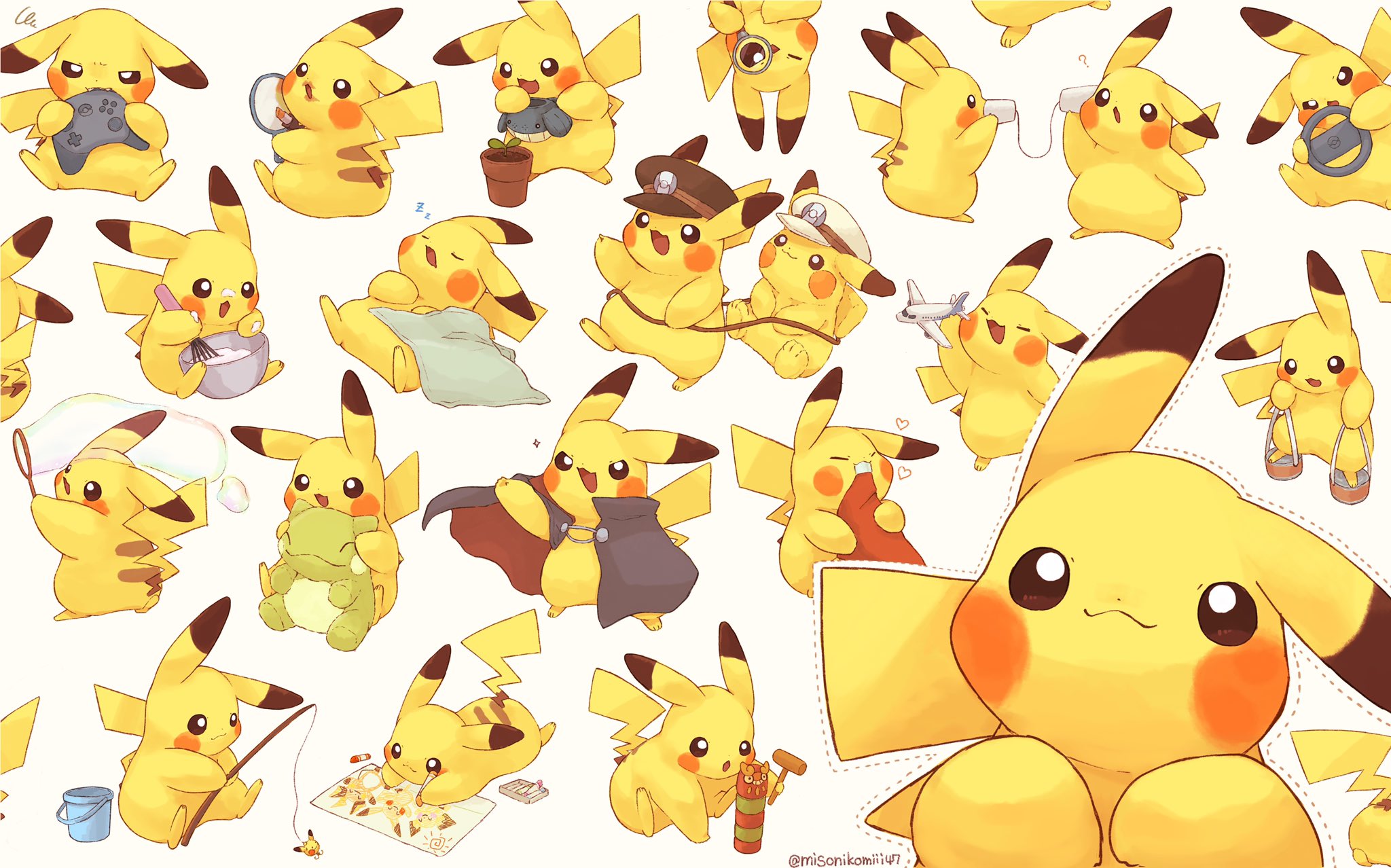 aircraft airplane animal_ears artist_name bottle bowl bubble bubble_wand cape cloak closed_eyes clothed_pokemon colored_skin cosplay crayon dot_nose emmet_(pokemon) emmet_(pokemon)_(cosplay) fishing_rod flower_pot gen_1_pokemon gen_2_pokemon gen_3_pokemon hammer hat heart highres holding holding_bottle holding_bowl holding_crayon holding_fishing_rod holding_whisk ingo_(pokemon) ingo_(pokemon)_(cosplay) ketchup lance_(pokemon) lance_(pokemon)_(cosplay) lipstick looking_at_viewer magnifying_glass makeup mirror misonikomiii mixing model multiple_views nintendo no_humans open_mouth paper peaked_cap pichu pikachu pokemon pokemon_(creature) raichu red_lips sleeping squiggle string_phone stuffed_toy substitute_(pokemon) tail themed_object toy twitter_username wailmer wailmer_pail watering_can whisk white_background yellow_skin zzz