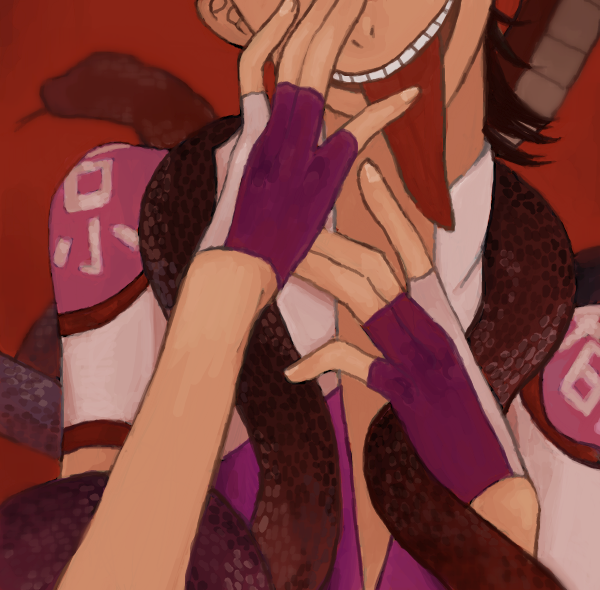 1boy bike_jersey black_hair black_snake cycling_uniform eyes_out_of_frame fingerless_gloves fingernails gloves grin hand_over_face hands_up head_out_of_frame head_tilt long_tongue male_focus midousuji_akira open_mouth painterly partially_unzipped red_background sayodon short_hair short_sleeves smile snake snake_wrapped_around_neck solo tongue tongue_out two-tone_gloves upper_body yowamushi_pedal