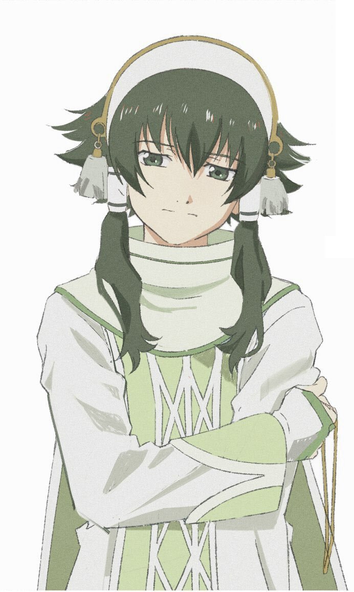 1boy :i closed_mouth crossed_arms green_eyes green_hair green_robe hair_ornament hair_tubes hairband high_collar ion_(tales) long_sleeves male_focus nspleee robe short_hair_with_long_locks sidelocks simple_background solo split_mouth tales_of_(series) tales_of_the_abyss upper_body white_background white_hairband