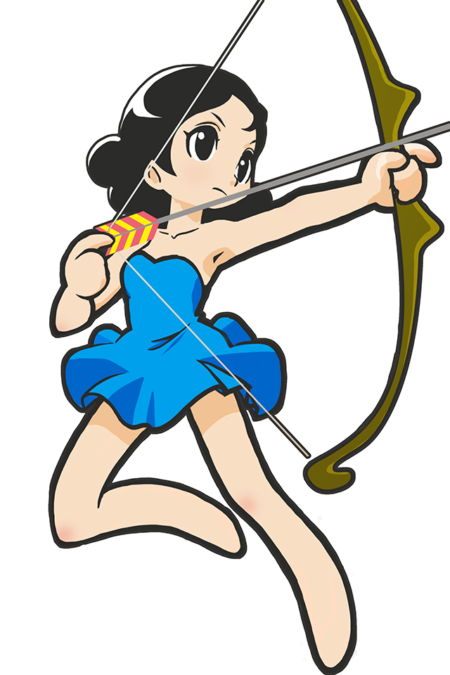 1940s_(style) 1girl arrow_(projectile) black_eyes black_hair blue_dress bow_(weapon) dress female_focus holding holding_weapon metropolis michi_(metropolis) solo tezuka_osamu_(style) weapon yososhi