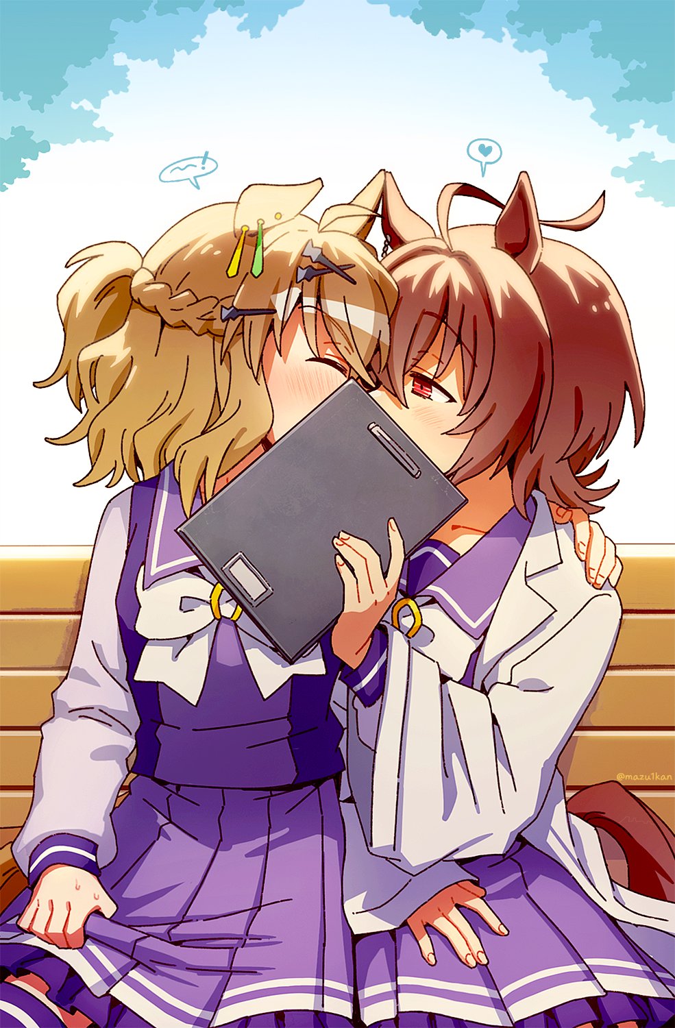 ! ... ...! 2girls agnes_tachyon_(umamusume) ahoge animal_ears blush bow bowtie braid brown_hair closed_eyes clothes_grab coat earrings hair_between_eyes hair_ornament hairclip half_up_braid half_up_half_down_braid half_updo hand_on_another&#039;s_shoulder hand_on_own_thigh heart highres holding_binder horse_ears horse_girl horse_tail implied_kiss jewelry jungle_pocket_(umamusume) lab_coat long_sleeves looking_at_another mazu1kan medium_hair multiple_earrings multiple_girls on_bench outdoors purple_sailor_collar purple_shirt red_eyes sailor_collar school_uniform shirt shirt_tucked_in sitting skirt_grab spoken_ellipsis spoken_exclamation_mark spoken_heart tail tracen_school_uniform umamusume white_bow white_bowtie white_coat wolf_cut yuri