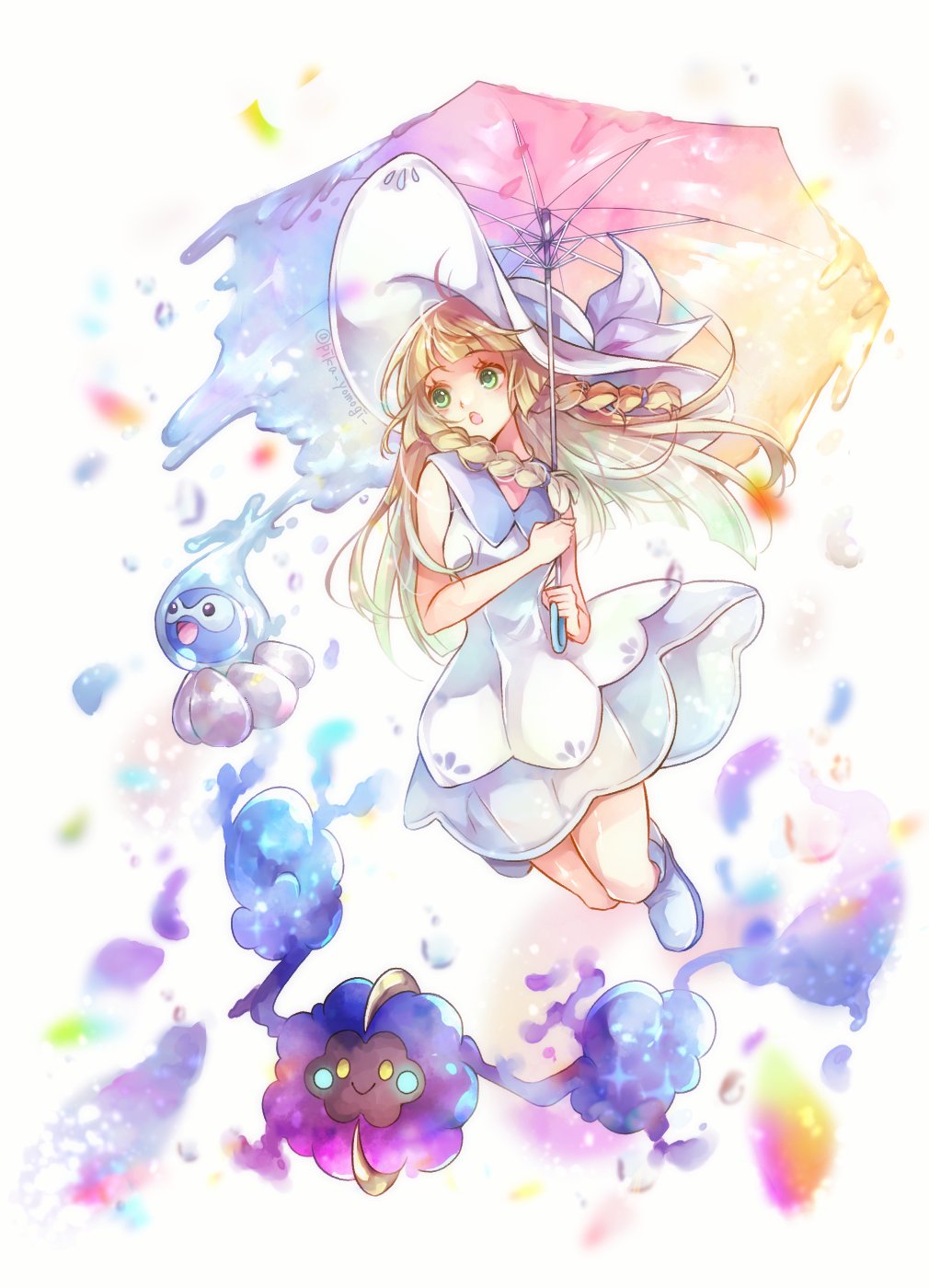 1girl blonde_hair blue_footwear braid castform castform_(rainy) collared_dress commentary cosmog dress eyelashes floating_hair gen_3_pokemon gen_7_pokemon green_eyes hat hat_ribbon highres holding holding_umbrella legendary_pokemon lillie_(pokemon) long_hair nintendo open_mouth pokemon pokemon_(creature) pokemon_sm ribbon shoes sleeveless sleeveless_dress socks sun_hat twin_braids umbrella water_drop white_dress white_headwear white_legwear yomogi_(black-elf)
