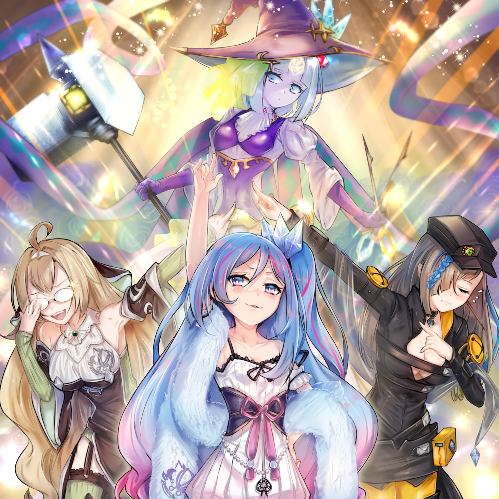 4girls ahoge arm_up armpits black_hat blonde_hair blue_eyes blush breasts brown_hair camisole cleavage closed_eyes collarbone detached_sleeves dress duel_monster gem genni_(yu-gi-oh!) glasses golem green_thighhighs hair_over_one_eye hat holding holding_polearm holding_weapon index_finger_raised kalian long_hair long_sleeves looking_at_viewer multiple_girls open_mouth parted_lips pointing pointing_up polearm rilliona_(yu-gi-oh!) side_ponytail small_breasts smile smug thighhighs weapon white_dress witch witch_hat witchcrafter_genni witchcrafter_golem_aruru witchcrafter_haine witchcrafter_madame_verre yu-gi-oh!