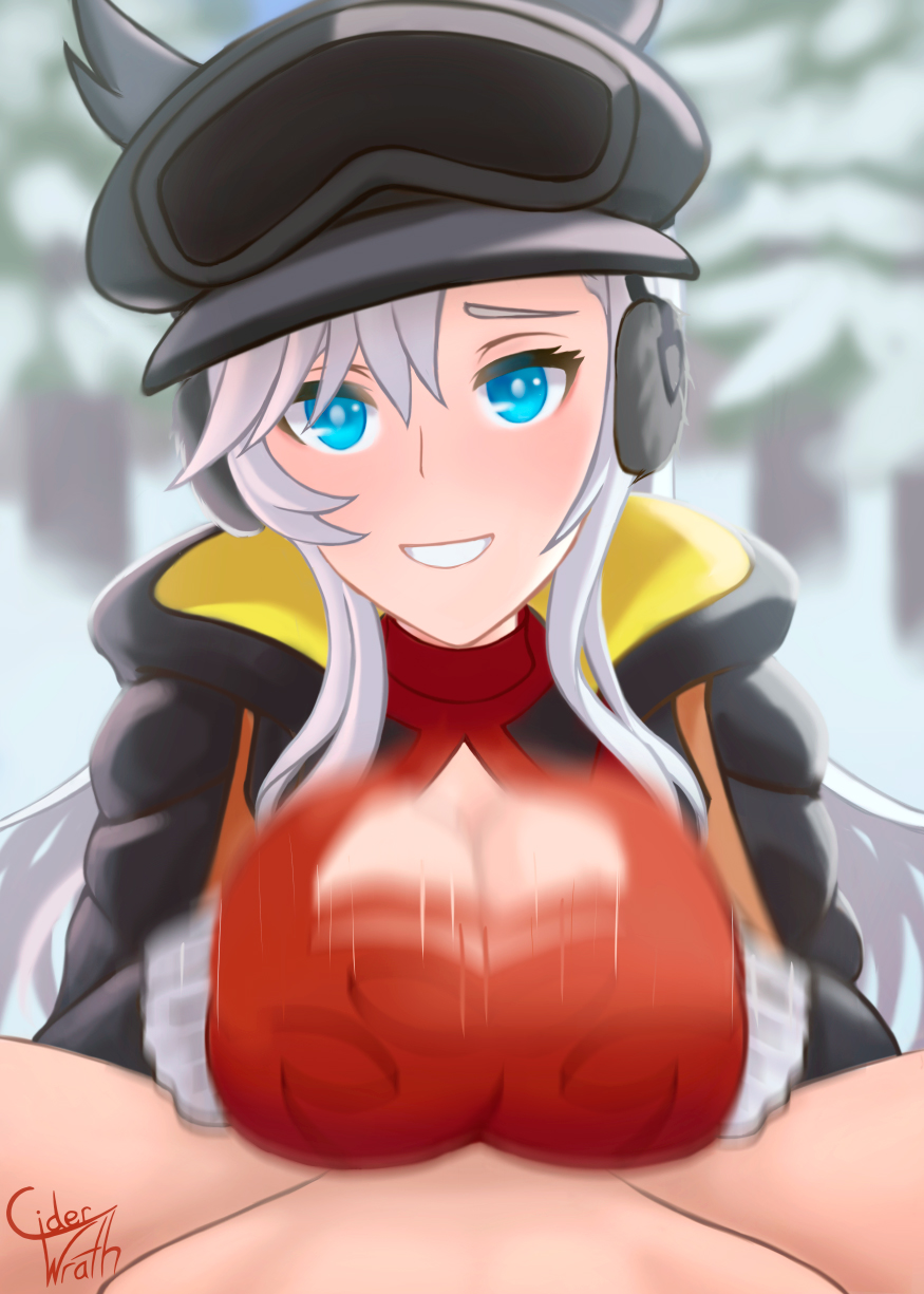 1boy 1girl black_jacket blue_eyes breasts ciderwrath cleavage_cutout clothing_cutout dragalia_lost ear_covers earmuffs forest gloves goggles goggles_on_head highres ilia_(dragalia_lost) jacket large_breasts looking_at_viewer nature open_clothes open_jacket open_mouth paizuri red_shirt shirt signature snow white_gloves white_hair