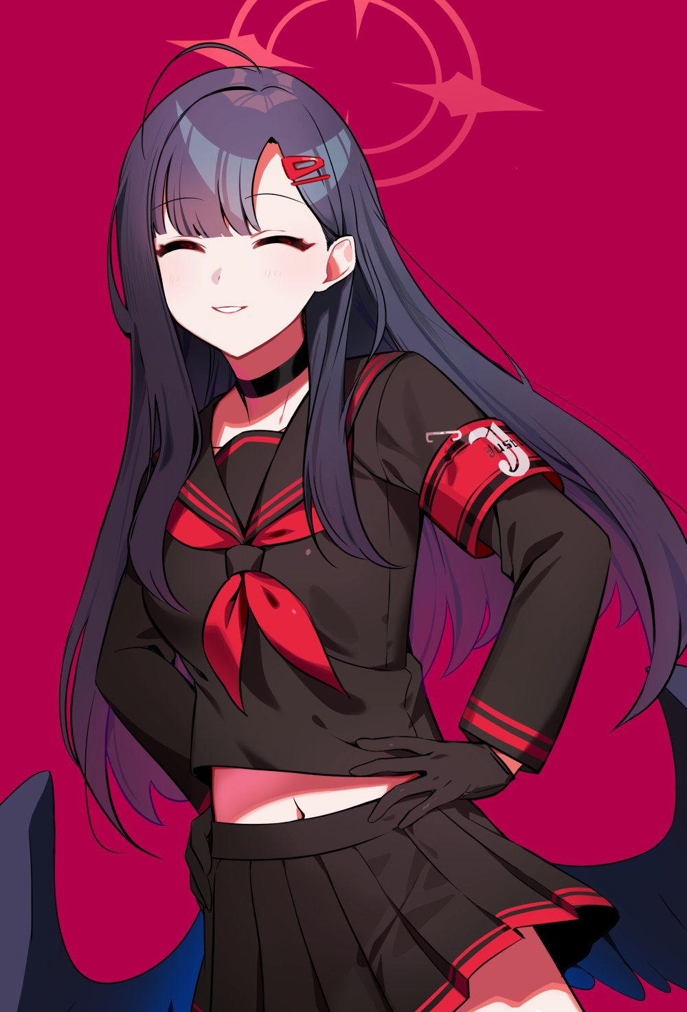 1girl black_choker black_gloves black_hair black_sailor_collar black_serafuku black_skirt black_wings blue_archive choker closed_eyes cowboy_shot facing_viewer feathered_wings gloves hair_ornament hairclip halo highres ichika_(blue_archive) long_hair long_sleeves low_wings navel neckerchief open_mouth pleated_skirt red_background red_halo red_neckerchief sailor_collar school_uniform serafuku simple_background skirt smile solo wings yuura