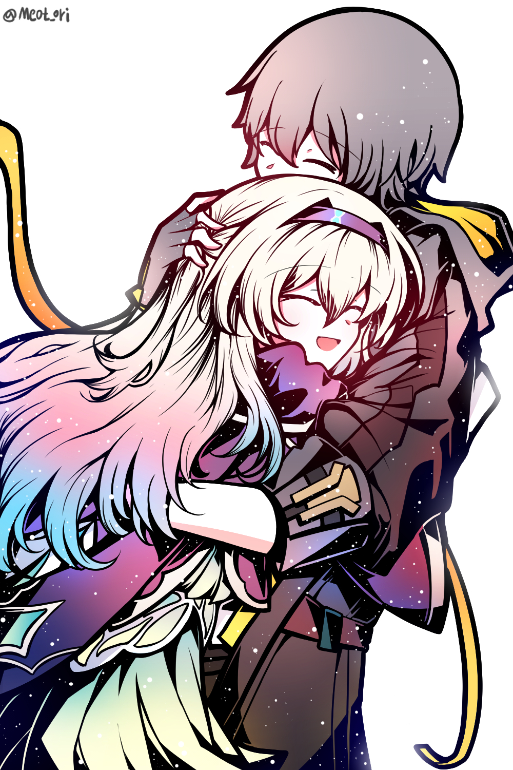 1boy 1girl caelus_(honkai:_star_rail) closed_eyes electronduck fingerless_gloves firefly_(honkai:_star_rail) gloves grey_hair hair_between_eyes hair_intakes hairband highres honkai:_star_rail honkai_(series) jacket multicolored_hair open_mouth simple_background smile trailblazer_(honkai:_star_rail) twitter_username white_background