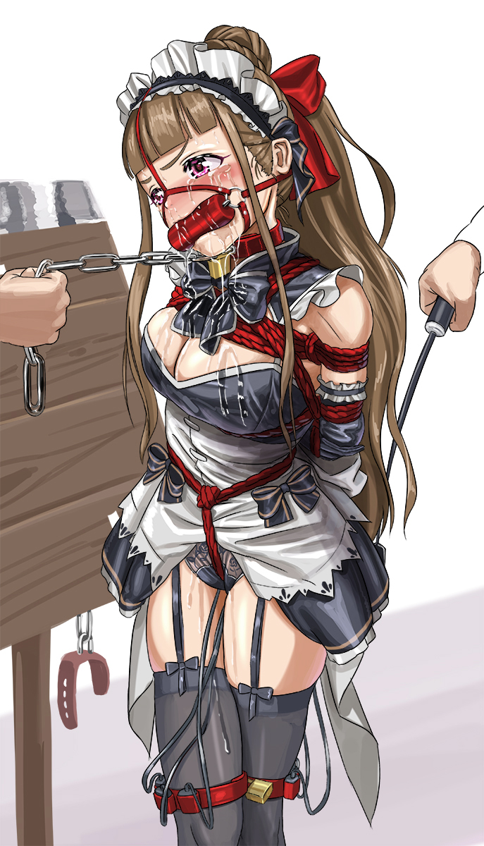 1girl 2boys angry arms_behind_back bdsm bit_gag black_dress black_hairband black_thighhighs blunt_bangs blush bondage bound bound_arms bow bowtie breasts brown_hair chain choker cleavage clothes_lift collar crotch_rope crying crying_with_eyes_open dress dress-up dress_lift drooling frilled_dress frilled_headband frilled_headwear frilled_skirt frills gag gagged garter_straps hair_bow hair_ornament hair_ribbon hair_ribbon hairband headband highres idolmaster idolmaster_cinderella_girls idolmaster_cinderella_girls_starlight_stage itou_tatsuya kamiya_nao lace lace_panties large_breasts leather_cuffs leg_strap legs legs_together lock long_hair maid maid_headdress miniskirt multiple_boys padlock panties pillory ponytail pussy_juice red_eyes red_ribbon red_rope ribbon rope saliva saliva_trail sex_toy shibari shibari_over_clothes skindentation skirt skirt_lift solo tearing_up tears thigh_strap thighhighs thighs underwear v-shaped_eyebrows very_long_hair vibrator vibrator_cord vibrator_in_thigh_strap vibrator_under_clothes vibrator_under_panties whip wooden_horse