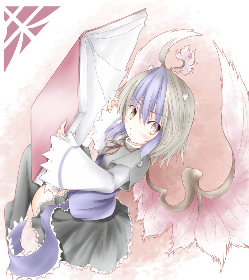 1girl bird_wings blue_hair blush book brown_eyes female_focus frills head_wings horns long_sleeves miniskirt multicolored_hair romi short_hair silver_hair skirt solo thighhighs tokiko_(touhou) touhou two-tone_hair wide_sleeves wings