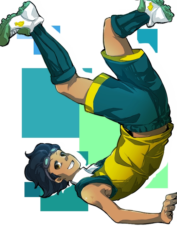 1boy black_hair black_socks brown_eyes goggles goggles_on_head grin hamano_kaiji inazuma_eleven_(series) inazuma_eleven_go kajant_bb looking_at_viewer male_focus midriff_peek shirt short_hair short_sleeves shorts sleeves_rolled_up smile soccer_uniform socks solo sportswear tan upside-down white_socks yellow_shirt