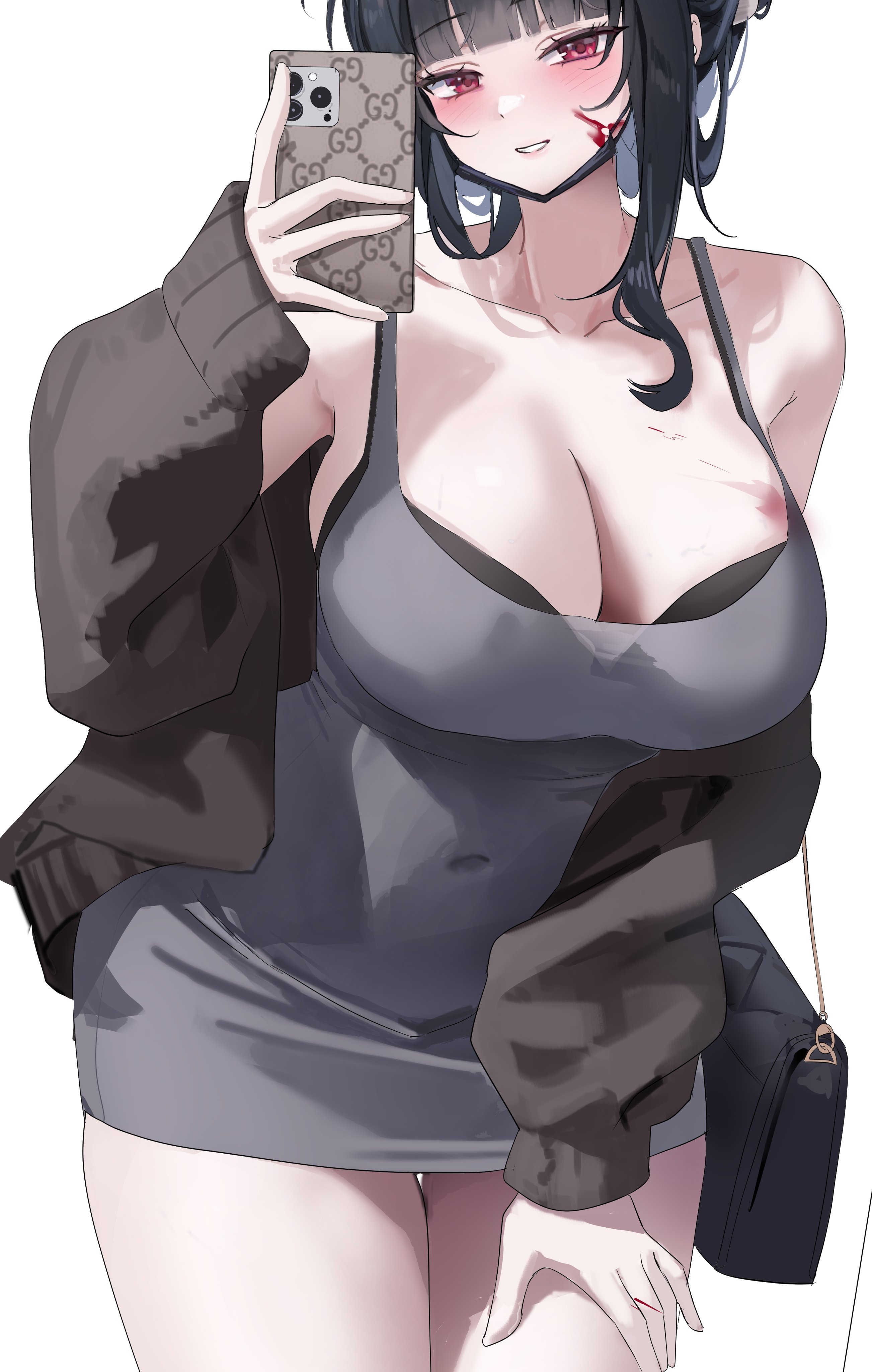 1girl absurdres black_bra blood blood_on_breasts blood_on_face bra breasts covered_navel d_(killer_wife)_(nikke) d_(nikke) dongtan_dress dress goddess_of_victory:_nikke grey_dress highres large_breasts meme_attire pencil_dress simple_background solo underwear white_background yam_s2
