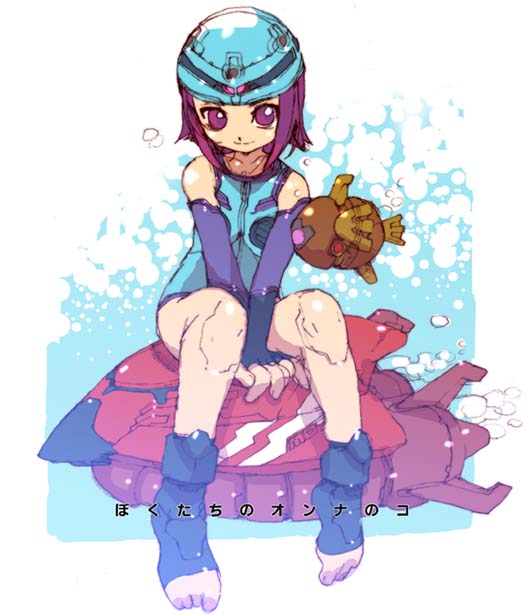 1girl android doll_joints flat_chest gundam joints mecha nakayama_tooru original peachclass purple_eyes purple_hair robot short_hair swimsuit z&#039;gok
