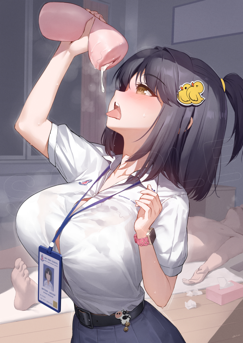 1boy 1girl artificial_vagina belt black_hair blush breasts brown_eyes commentary cum dildo duck_hair_ornament english_commentary gao_(gaolukchup) gokkun guy_tired_after_sex_(meme) hair_ornament holding holding_sex_toy huge_breasts id_card indoors lanyard loogchoob_(gaolukchup) open_mouth original sample_watermark sex_toy shirt skirt tongue tongue_out used_artificial_vagina watch watermark white_shirt wristwatch
