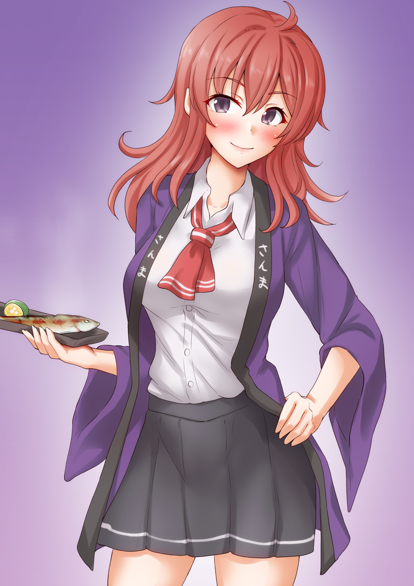 1girl ahoge anti_(untea9) arashi_(kancolle) blush breasts fish food fruit gloves haori highres jacket japanese_clothes kantai_collection lemon long_hair long_sleeves looking_at_viewer medium_breasts messy_hair plate pleated_skirt purple_jacket red_hair ribbon saury school_uniform shirt short_sleeves skirt smile solo vest white_gloves white_shirt