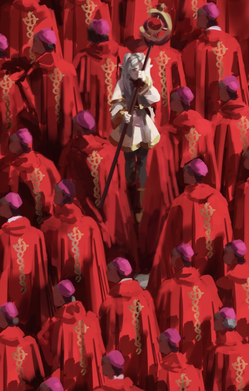 1girl 6+boys boots cape capelet christianity church dana_(ocana_dana) dress elf floating frieren full_body funeral highres holding holding_staff levitation long_sleeves mage_staff magic multiple_boys pointy_ears priest real_life_insert real_world_location red_cape red_tunic robe shoes sousou_no_frieren staff tunic twintails vatican weapon white_capelet white_hair