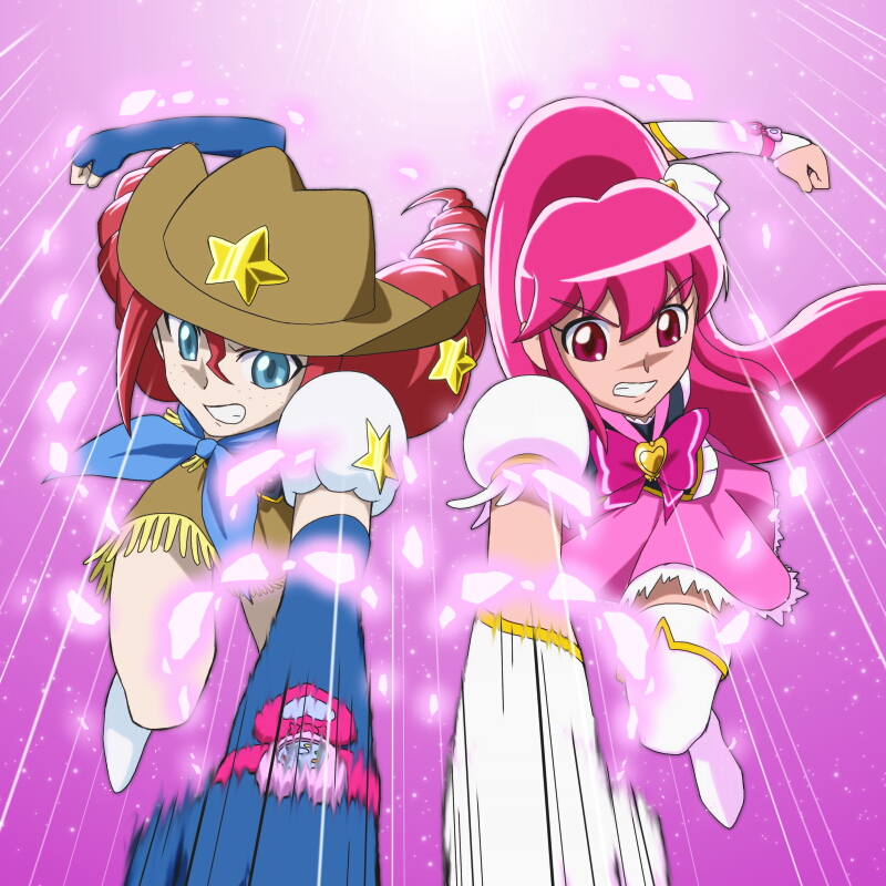 10s 2girls aino_megumi angry blue_eyes bomber_girls_precure boots bow brooch brown_skirt clenched_hands clenched_teeth cowboy_hat cure_lovely female_focus fringe_trim full_body happinesscharge_precure! hat heart heart_brooch high_ponytail jewelry long_hair magical_girl moritakusan multiple_girls petals pink_background pink_bow pink_eyes pink_hair pink_skirt ponytail precure puffy_sleeves punching red_eyes red_hair red_haired_cure_(bomber_girls_precure)_(happinesscharge_precure!) ribbon skirt star_(symbol) symmetry teeth thigh_boots thighhighs twintails white_legwear wide_ponytail
