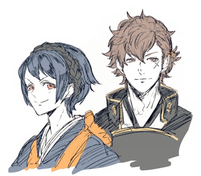 1boy 1girl alternate_hairstyle apron armor blue_hair braid brown_eyes brown_hair cross_scar crown_braid fire_emblem fire_emblem_fates hinata_(fire_emblem) hotate_rayan japanese_armor japanese_clothes looking_at_viewer nintendo oboro_(fire_emblem) orange_apron scar scar_on_face yellow_eyes