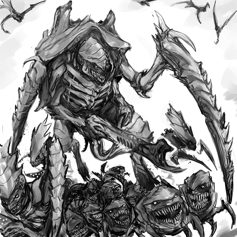 6+others alien bat_wings carapace claws extra_teeth fangs greyscale huge_claws monochrome monochrome_background monster multiple_others no_humans outdoors sharp_teeth spikes td-vice teeth tube tyranid tyranid_warrior warhammer_40k wings
