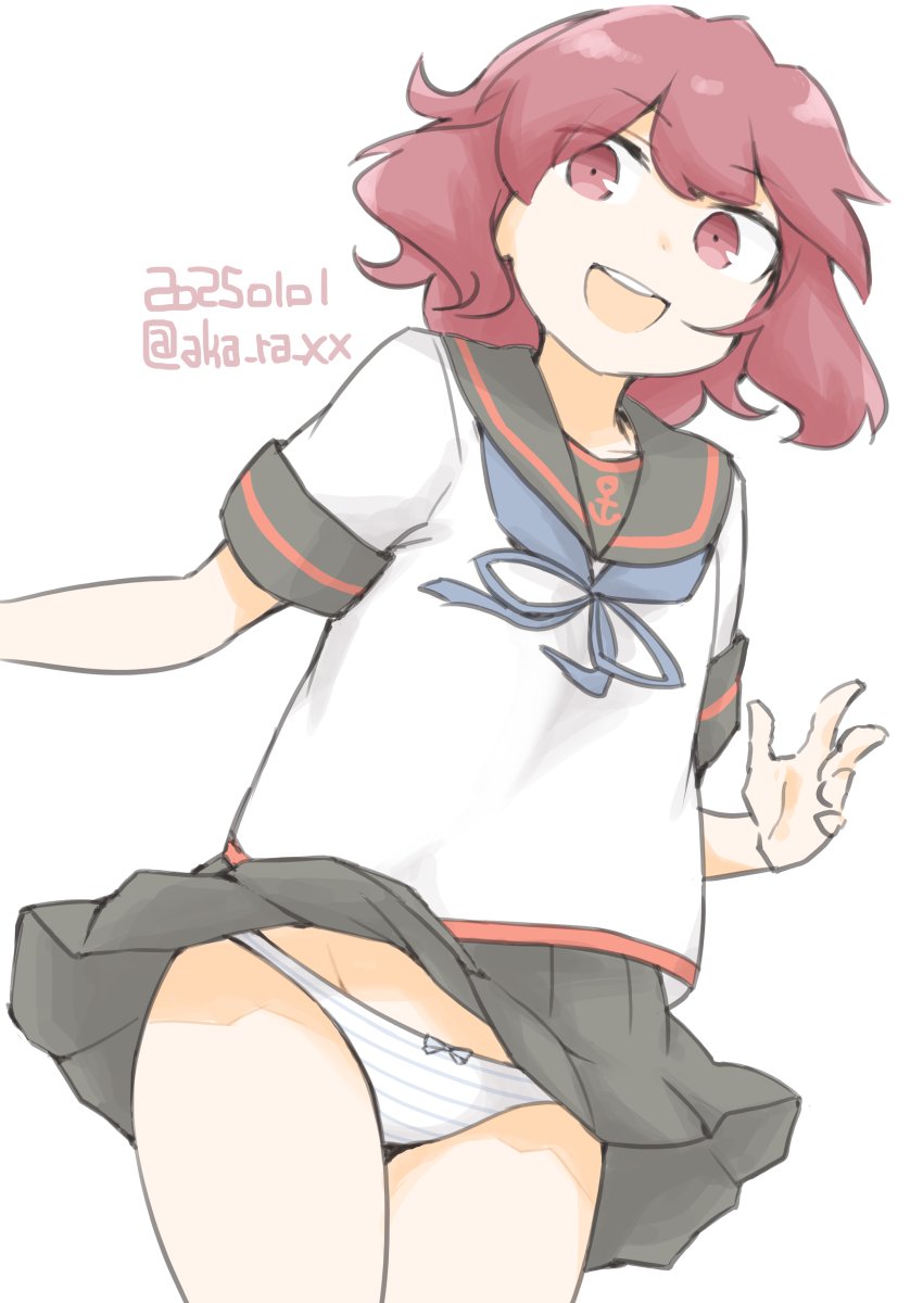 1girl akara_kai black_sailor_collar black_skirt blue_neckerchief brown_eyes brown_hair cowboy_shot dated highres kantai_collection looking_at_viewer miyuki_(kancolle) miyuki_kai_ni_(kancolle) neckerchief one-hour_drawing_challenge open_mouth panties pleated_skirt round_teeth sailor_collar sailor_shirt school_uniform serafuku shirt skirt smile solo striped_clothes striped_panties teeth twitter_username underwear upper_teeth_only v white_panties white_shirt