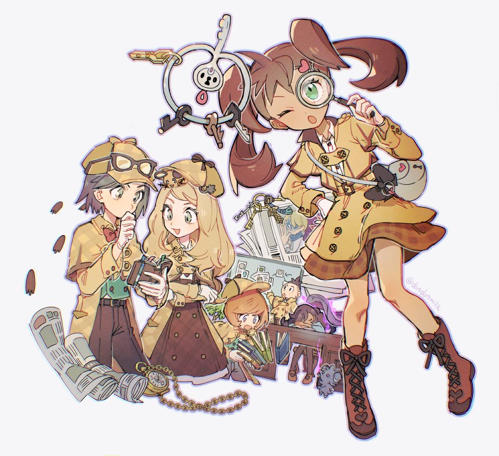 3boys 3girls :d ;o bag belt blonde_hair book boots brown_footwear brown_hair brown_pants brown_skirt buttons calem_(pokemon) coat collared_shirt commentary_request dedenne desk detective dexio_(pokemon) emma_(pokemon) espurr eyelashes gen_6_pokemon gloves green_eyes green_vest grey_bag hat holding holding_magnifying_glass holding_notebook huan_li key_hair_ornament klefki knees long_hair long_sleeves looking_down magnifying_glass multiple_boys multiple_girls newspaper nintendo notebook on_head one_eye_closed open_mouth pants pocket_watch pokemon pokemon_(creature) pokemon_masters_ex pokemon_on_head pokemon_xy serena_(pokemon) shauna_(pokemon) shauna_(special_costume)_(pokemon) shirt shoulder_bag skirt smile tierno_(pokemon) trevor_(pokemon) twintails vest watch white_shirt