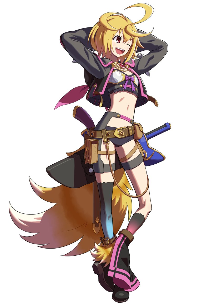 1girl ahoge asymmetrical_legwear belt black_legwear blonde_hair chaps chest_jewel female_focus fingerless_gloves flat_chest fox_tail full_body gloves holster jacket kai-ri-sei_million_arthur midriff million_arthur_(series) navel official_art ogura_eisuke pouch red_eyes sheath sheathed snk_heroines:_tag_team_frenzy solo tail touzoku_arthur transparent_background uneven_legwear weapon