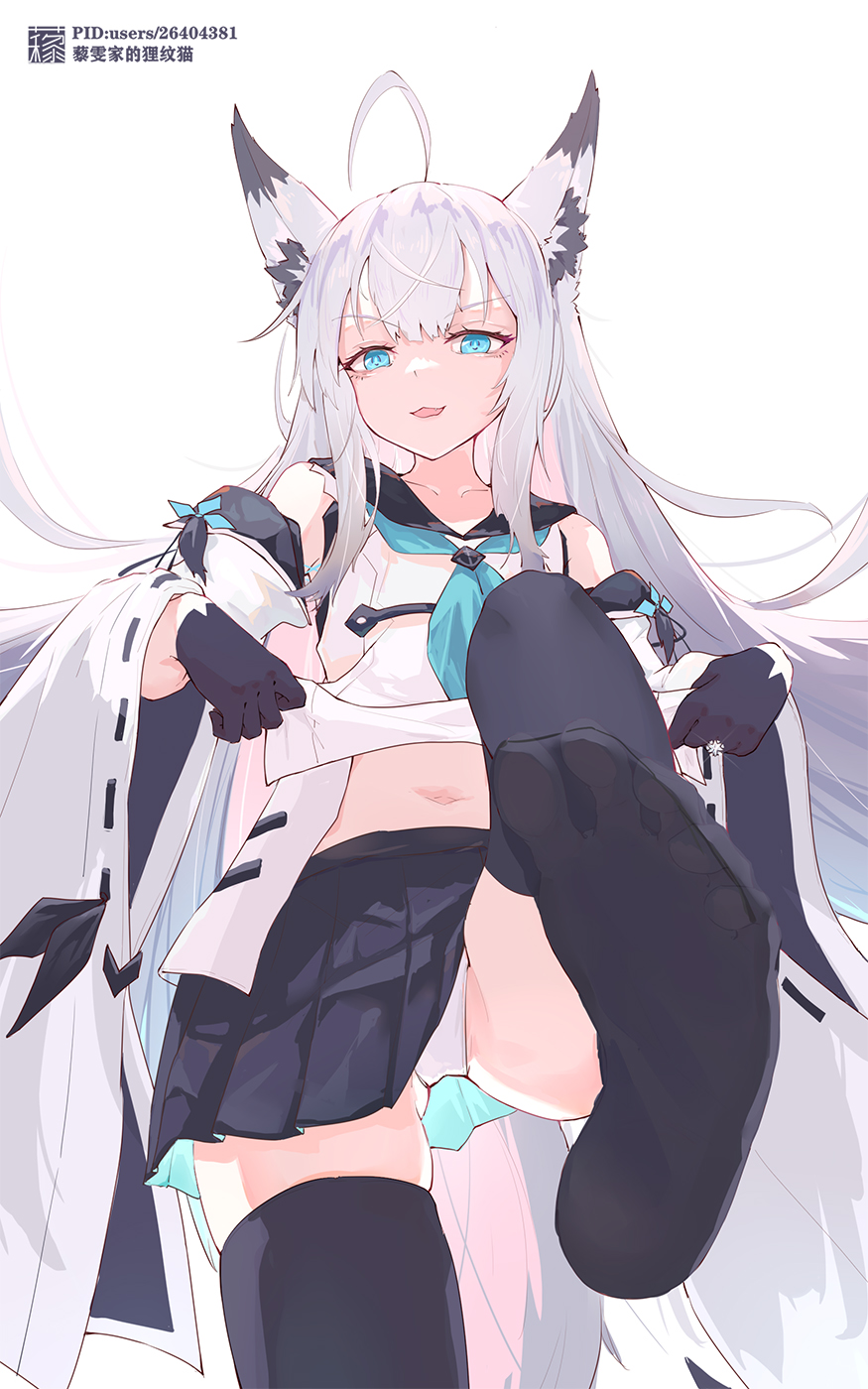 1girl animal_ear_fluff animal_ears azur_lane black_gloves black_sailor_collar black_skirt black_thighhighs blue_eyes blue_neckerchief blue_ribbon clothes_lift detached_sleeves feet foot_focus fox_ears fox_girl gloves highres kawakaze_(azur_lane) liwendala long_hair looking_at_viewer navel neckerchief panties applying_pedicure ribbon ribbon-trimmed_sleeves ribbon_trim sailor_collar shirt_lift skirt smug soles solo thighhighs toes underwear upskirt white_hair white_panties wide_sleeves