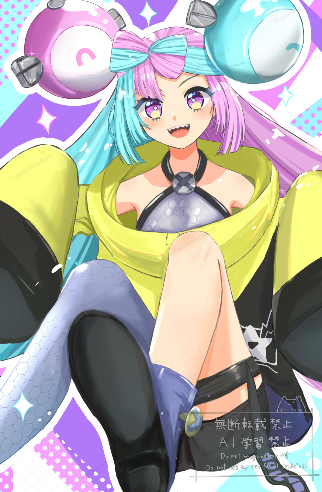 aoneko4ao_(edwf7745) bow-shaped_hair character_hair_ornament fake_hair_bun grey_pantyhose hair_ornament hexagon_print highres iono_(pokemon) jacket long_hair low-tied_long_hair multicolored_hair nintendo oversized_clothes pantyhose pokemon pokemon_sv sharp_teeth single_leg_pantyhose sleeves_past_fingers sleeves_past_wrists split-color_hair teeth two-tone_hair very_long_sleeves x yellow_jacket