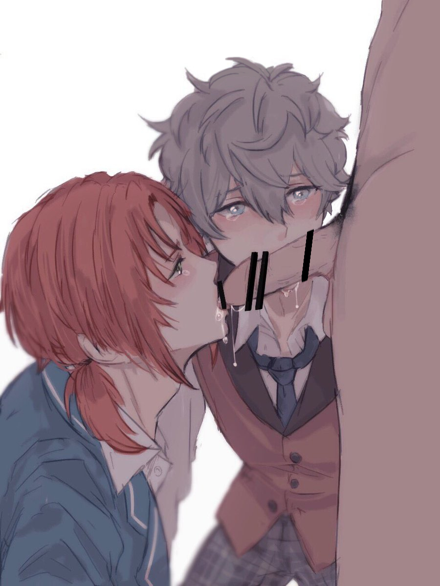 3boys after_fellatio artist_request blue_eyes clothed_sex cooperative_fellatio crying cum cum_in_mouth dress_shirt ensemble_stars! fellatio green_eyes grey_hair group_sex highres male_focus multiple_boys necktie oral pants penis ponytail red_hair sena_izumi_(ensemble_stars!) shirt tagme teamwork_(sexual) threesome tsukinaga_leo vest yaoi
