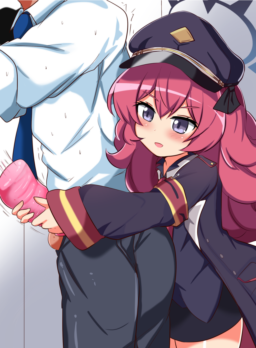 1boy 1girl armband artificial_vagina assertive_female blue_archive blush cap erection formal_clothes from_behind handjob head_out_of_frame height_difference hetero highres iroha_(blue_archive) military military_uniform necktie penis purple_eyes red_hair sex_toy shirt smile