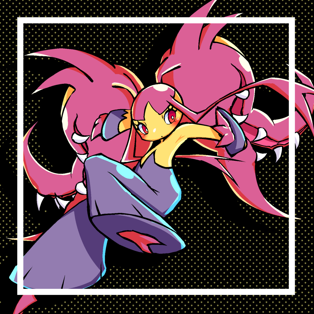 alternate_color black_background blush drop_shadow eyelashes full_body gen_3_pokemon mawile mega_mawile mega_pokemon nanami_marron nintendo no_humans official_alternate_color pokemon pokemon_(creature) red_eyes sharp_teeth shiny_pokemon solo teeth