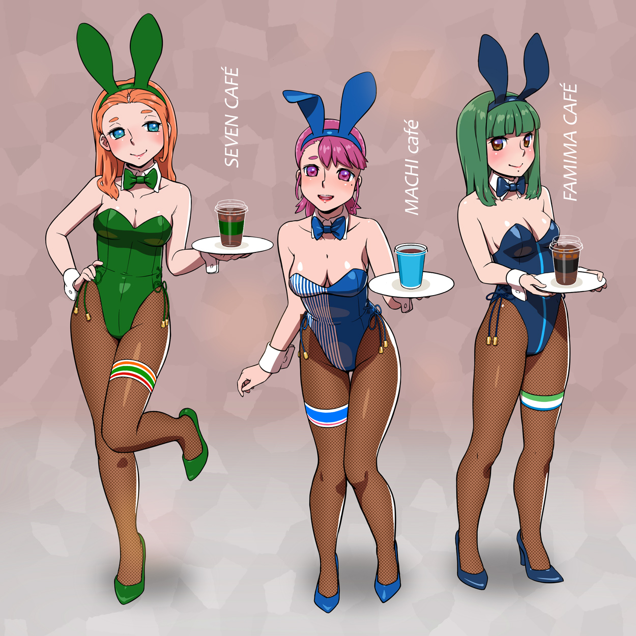 3girls 7-eleven animal_ears blue_bow blue_bowtie blue_eyes blue_leotard bow bowtie breasts brown_pantyhose cleavage coffee commentary_request convenience_store detached_collar fake_animal_ears familymart fishnet_pantyhose fishnets fukusuke_hachi-gou full_body glass green_bow green_bowtie green_hair green_leotard highres iced_coffee lawson leotard long_hair medium_breasts medium_hair multiple_girls orange_hair original pantyhose playboy_bunny purple_eyes purple_hair rabbit_ears shop short_hair side-tie_leotard standing strapless strapless_leotard striped_clothes striped_leotard thigh_strap tray wrist_cuffs
