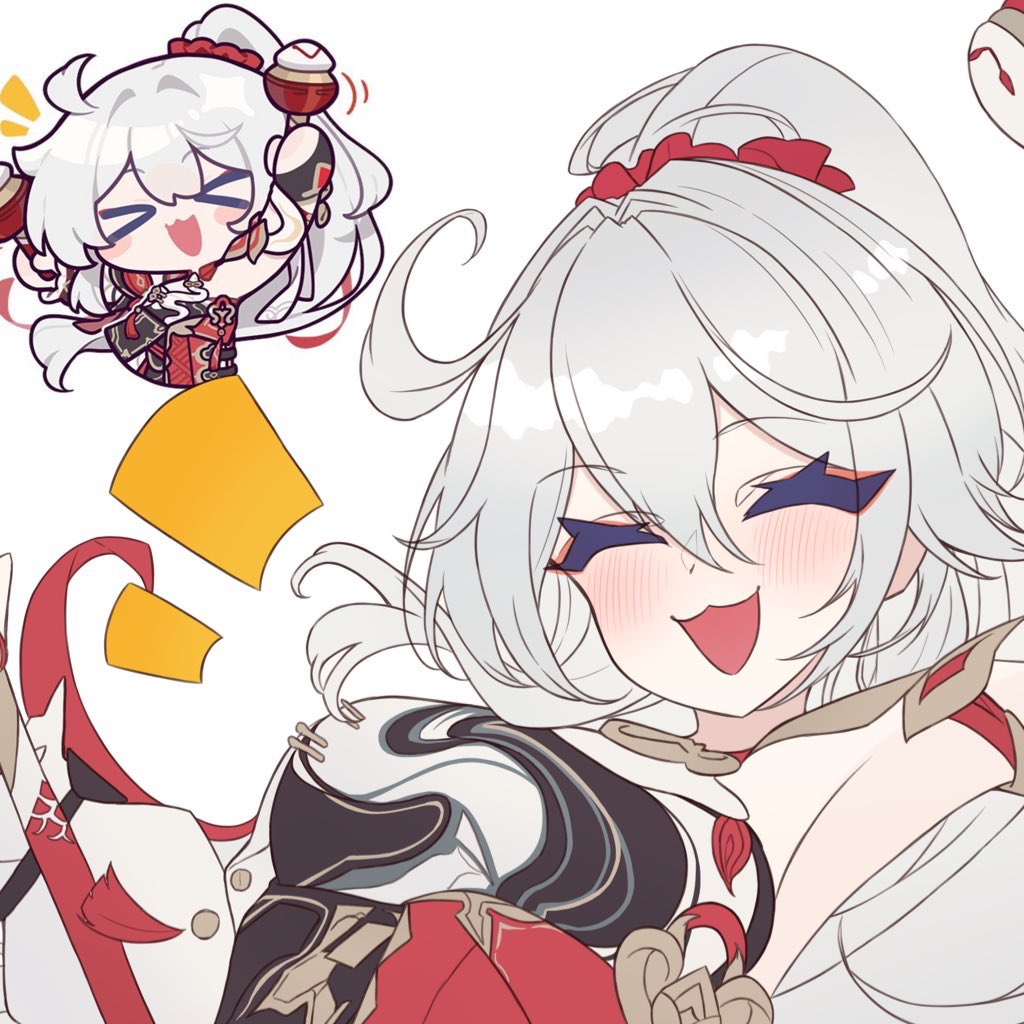 &gt;_&lt; 1girl :d ^_^ armpits blush breasts chibi chibi_inset closed_eyes commentary_request dress eta facing_viewer grey_hair hair_between_eyes hair_ornament hair_scrunchie honkai_(series) honkai_impact_3rd kiana_kaslana kiana_kaslana_(ba-dum!_fiery_wishing_star) long_hair medium_breasts multiple_views niwa_x_4_torigairu notice_lines open_mouth ponytail red_scrunchie scrunchie simple_background smile white_background white_dress xd