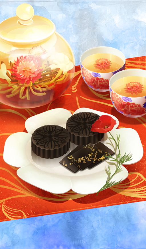 asatsuyu_(lasengle) blue_background chawan commentary drink fate/grand_order fate_(series) flower flower_request food food_focus garnish glass_teapot herbal_tea lid no_humans official_art plate poppy_(flower) porcelain red_flower still_life third-party_source