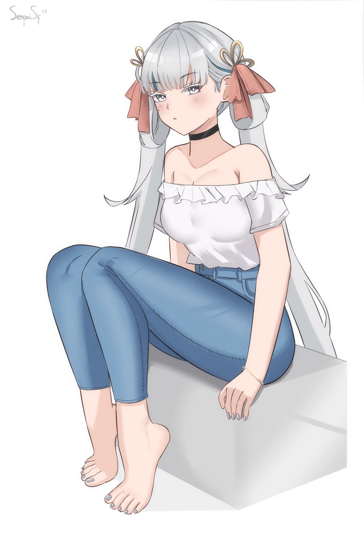 1girl alternate_costume bare_shoulders barefoot black_choker blush bow breasts bright_pupils choker colored_eyelashes commentary denim feet hair_bow highres jeans jinhsi_(wuthering_waves) large_breasts long_hair looking_at_viewer low_twintails mole mole_on_cheek multiple_hair_bows nail_polish off-shoulder_shirt off_shoulder pants red_bow senpaisif shirt signature simple_background sitting solo toenail_polish toenails toes twintails white_background white_eyelashes white_eyes white_nails white_pupils white_shirt wuthering_waves