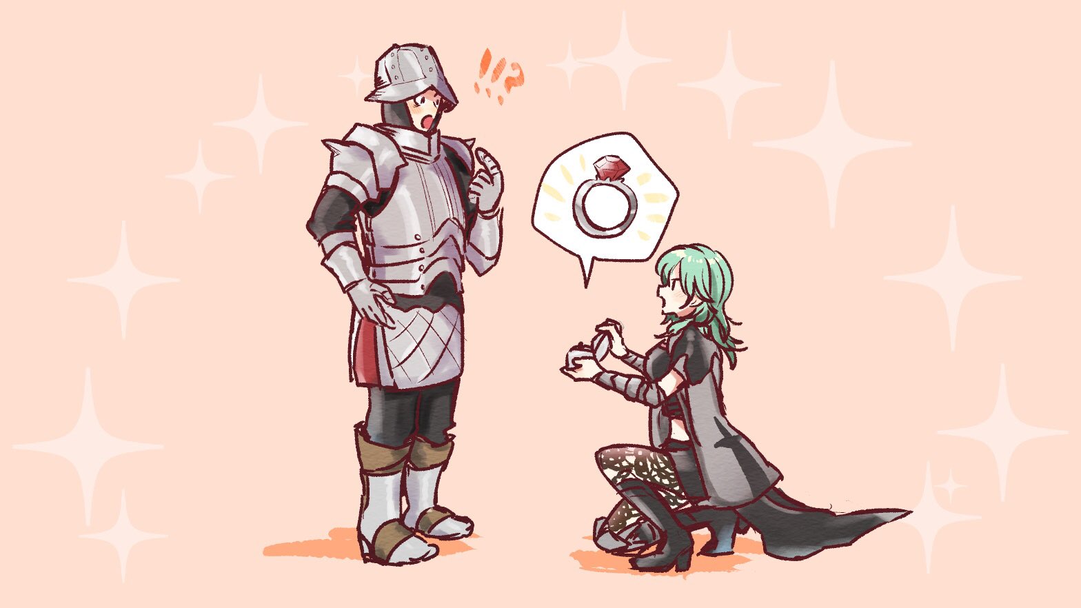 !? 1boy 1girl armor bad_id bad_twitter_id black_footwear black_legwear black_pants boots female_byleth_(enlightened)_(fire_emblem) female_byleth_(fire_emblem) cape commentary engagement_ring english_commentary fire_emblem fire_emblem:_three_houses gatekeeper_(fire_emblem) green_hair helmet hetero hoshigaki_(hsa16g) jewelry marriage_proposal medium_hair nintendo on_one_knee ornate_ring pants pink_background pointing pointing_at_self ring shorts simple_background sparkle spoken_object surprised